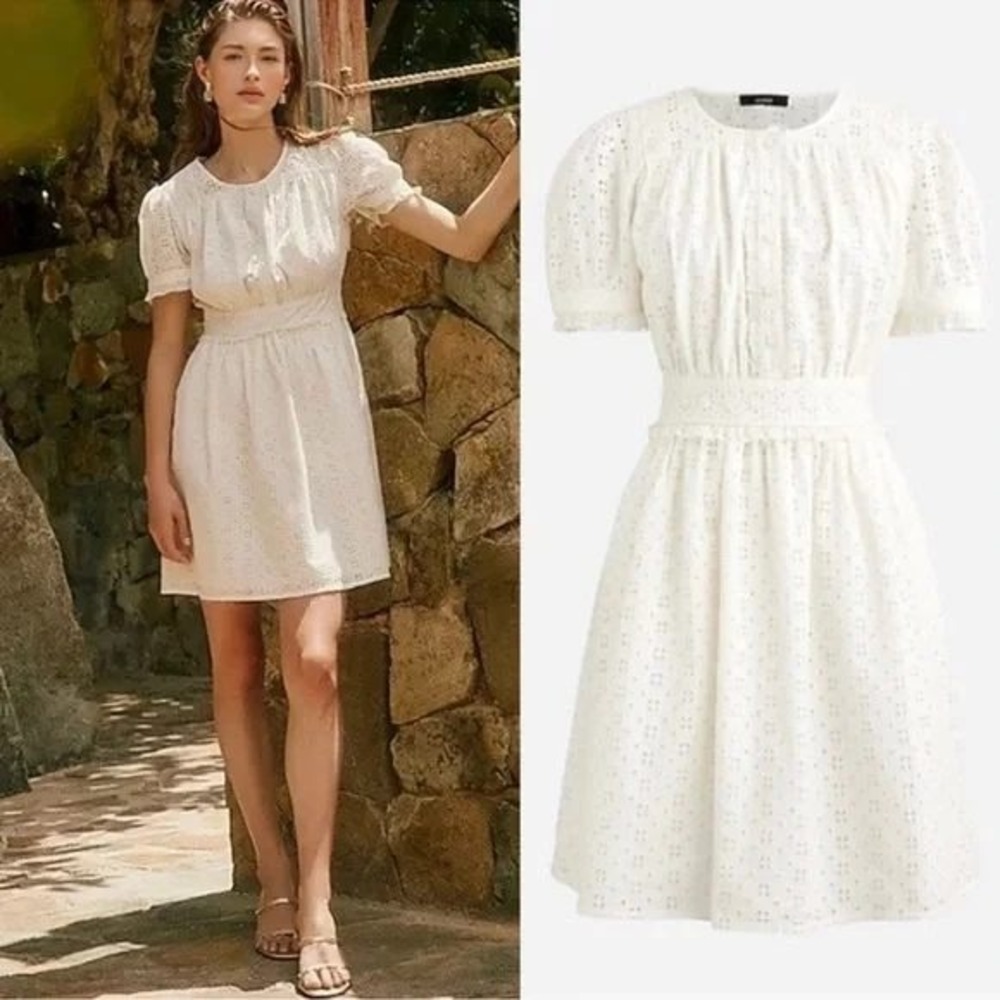 J.Crew White Eyelet Lace Cotton Mini Dress Short Puff Sleeve Button Front Size 4